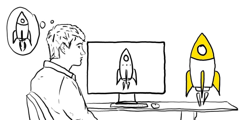 Sketch of Product Design Engineer in front of a computer, designing a rocket